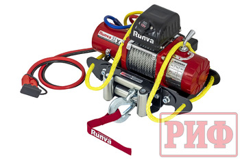 Лебёдка переносная РИФ 9.5XS c квадратом для фаркопа и проводами в сборе, короткий барабан, стальной трос (облегченная)