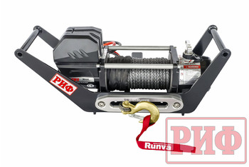 Лебёдка переносная РИФ 9000SR c площадкой в квадрат для фаркопа и проводами (в сборе) синтетический трос