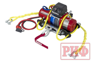 Лебёдка переносная РИФ 9.5XSR c квадратом для фаркопа и проводами в сборе, короткий барабан, синтетический трос (облегченная)