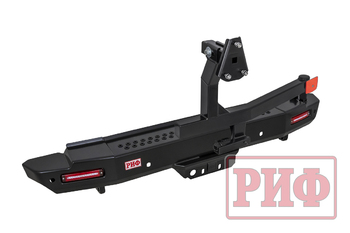 Бампер РИФ силовой задний Toyota Land Cruiser 200 2012-2015 с квадратом под фаркоп, калиткой, фонарями, подсветкой номера, стандарт