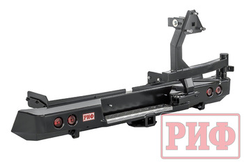 Бампер РИФ силовой задний Mitsubishi L200 2019-2022 с квадратом под фаркоп, калиткой, фонарями, подсветкой номера