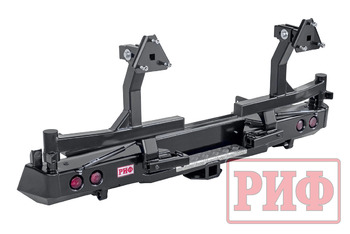 Бампер РИФ силовой задний Isuzu D-MAX (2012-2020) с квадратом под фаркоп, 2-мя калитками, фонарями, подсветкой номера, стандарт